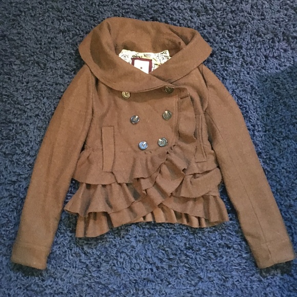Olive Brown Anthropologie Elevenses Wool Ruffle Echelons Peacoat Jacket - Picture 1 of 7